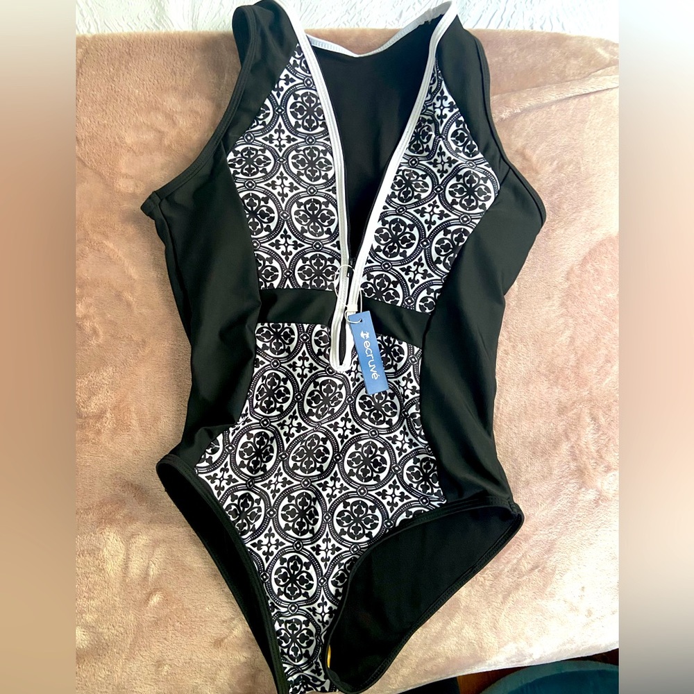 One piece swimsuit with zipper front